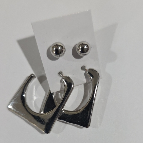 Silver Geometric Hoop & Stud Earrings Set – Modern Minimalist Fashion Jewelry - Picture 4 of 11